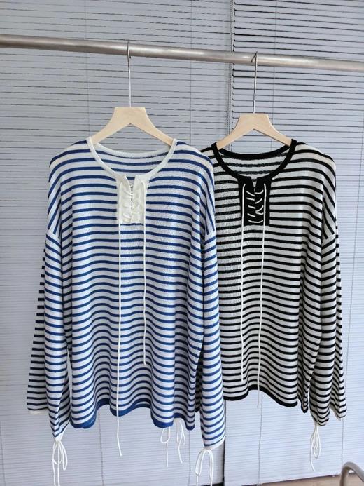 【蚕丝羊毛绑带罗马领条纹上衣】春夏可当防晒软糯亲肤，度假通勤都能穿WD 商品图2