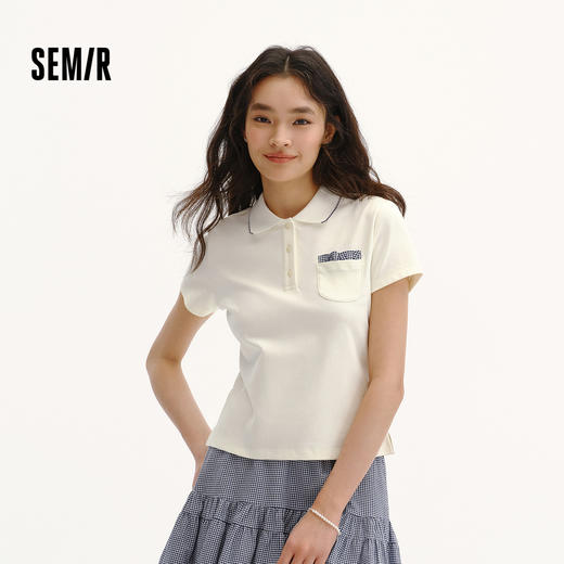商场同款|森马POLO衫女夏季修身拼接格纹2026新款温柔小个子衣服 商品图1