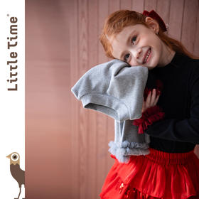 LittleTime女童T恤2025秋冬新款网纱花边磨毛保暖圆领长袖针织衫