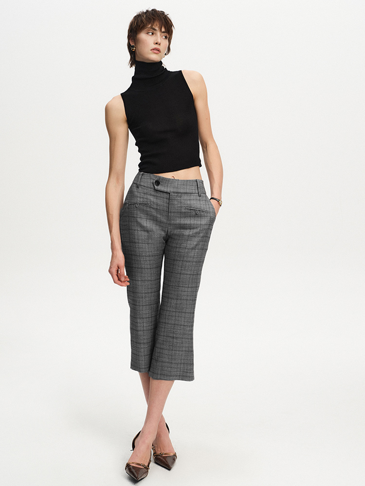 TR她热 柏林漫步 灰色格纹开衩复古通勤简约七分直筒微喇西装裤