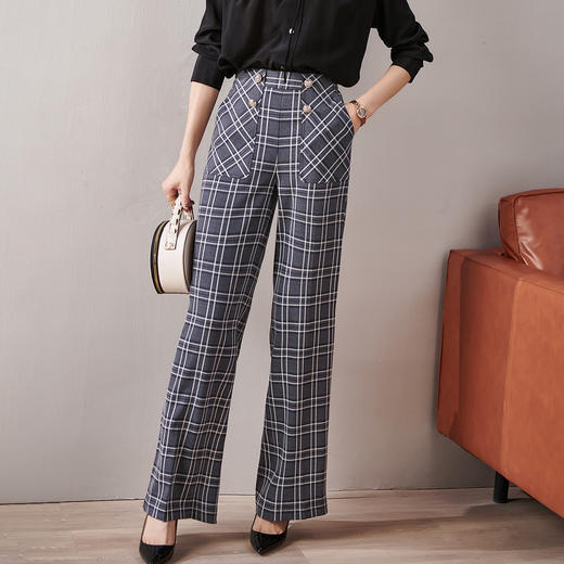 剩S 芳外新款格纹梭织垂感阔腿裤高腰显瘦长腿式裤子女8T21AH0002 商品图3