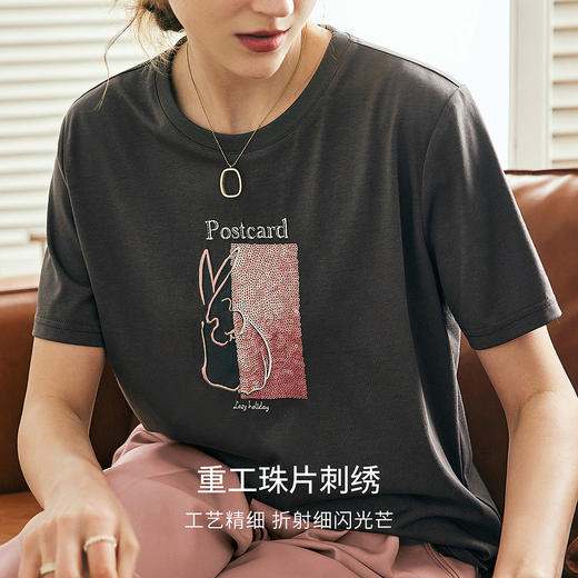 欧芮儿2026年新款夏季圆领灰色精美珠片绣设计休闲宽松短袖T恤女 商品图2