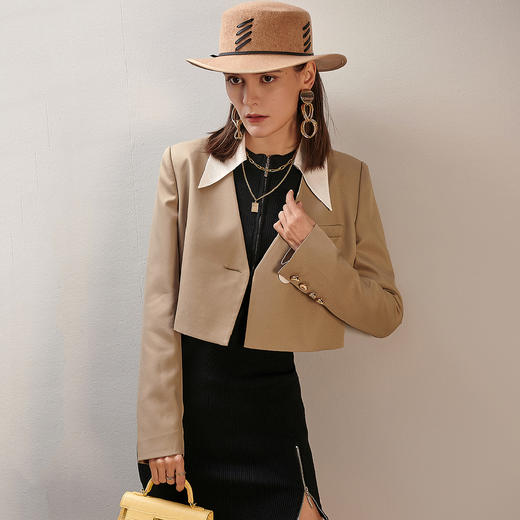 剩L/XL 芳外新款短款小个子外套新款拼色翻领单西式外套8T21AW0365 商品图2