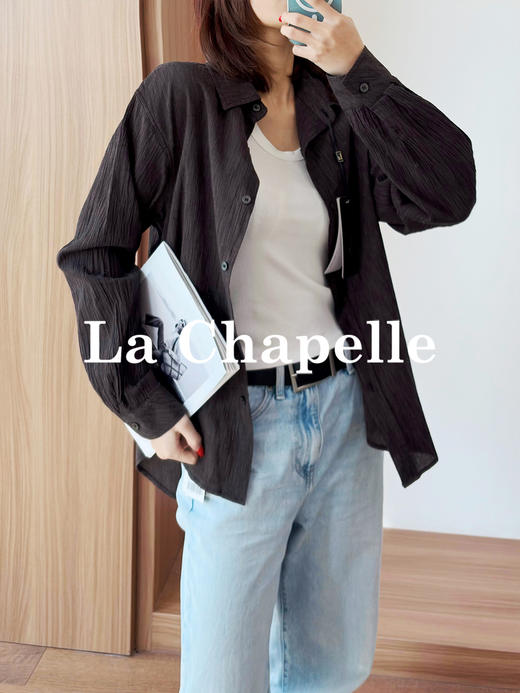 专柜实拍【亚麻+棉/透气舒适】拉夏贝尔/La Chapelle轻奢质感复古翻领排扣别致压皱气质老钱风长袖衬衣 商品图0