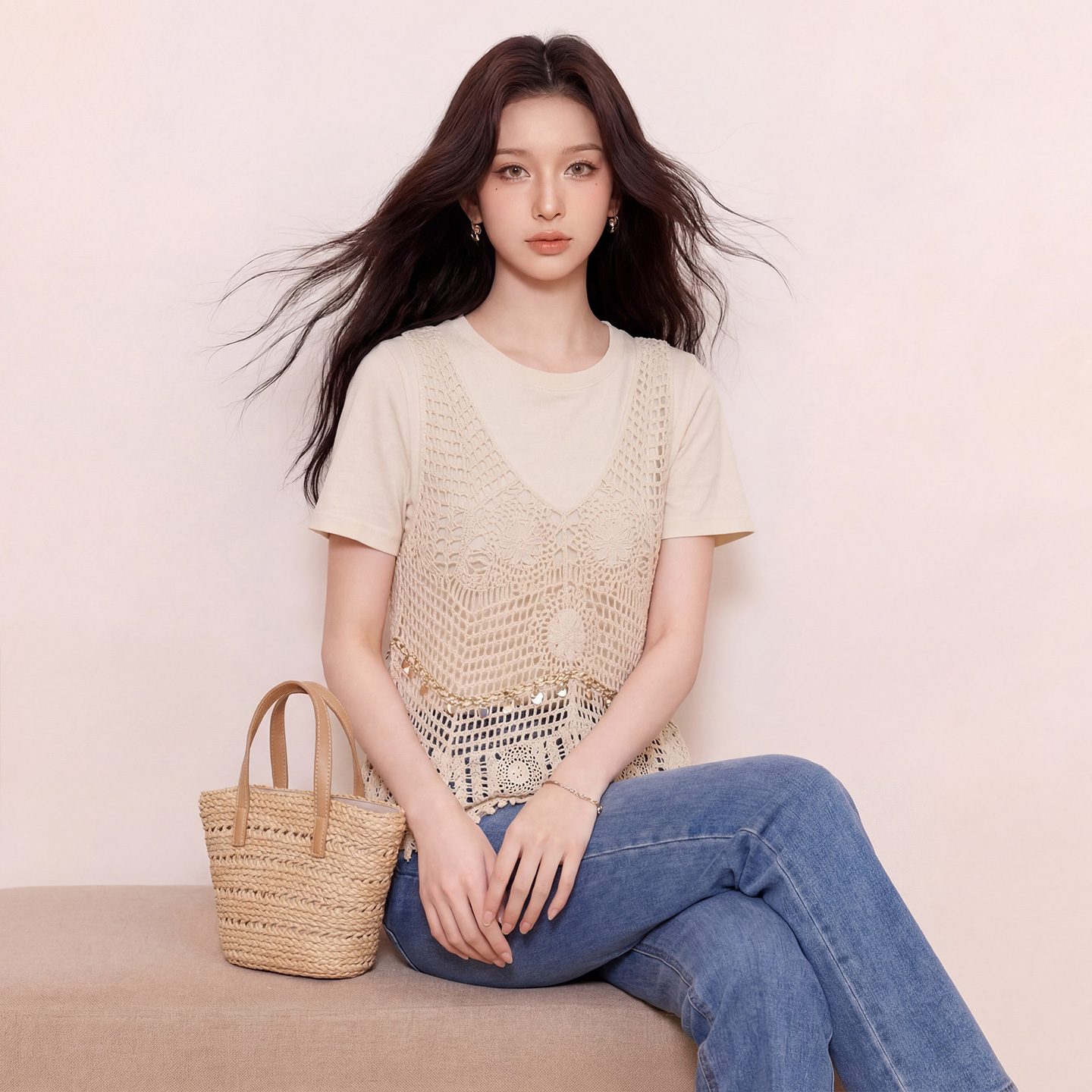 奢姿大码女装2026夏季减龄镂空设计两件套胖妹妹圆领休闲时尚套装9962954626