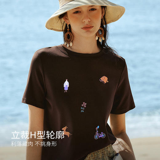 欧芮儿2026新款夏季通勤风质感休闲百搭咖色重工刺绣圆领短袖T恤 商品图1