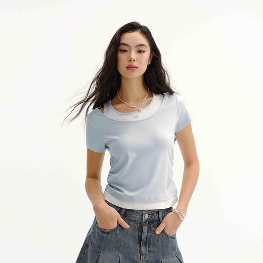 商场同款|森马短袖T恤女夏季短款修身假两件2026新款百搭显瘦上衣 商品图2
