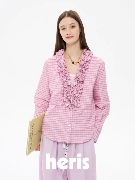 heris/H61115/色彩学院格纹 浪漫V领立体花边 短款调节收腰显瘦衬衫 商品图2