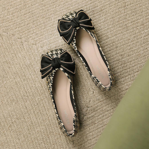 西遇小香风浅口单鞋女2026春季新款蝴蝶结千鸟格软底一脚蹬平底鞋V0066316 商品图4