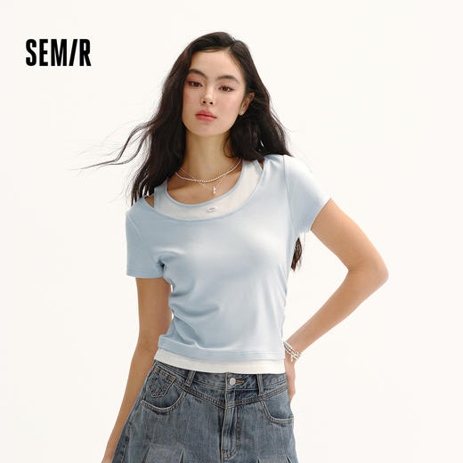 商场同款|森马短袖T恤女夏季短款修身假两件2026新款百搭显瘦上衣 商品图1