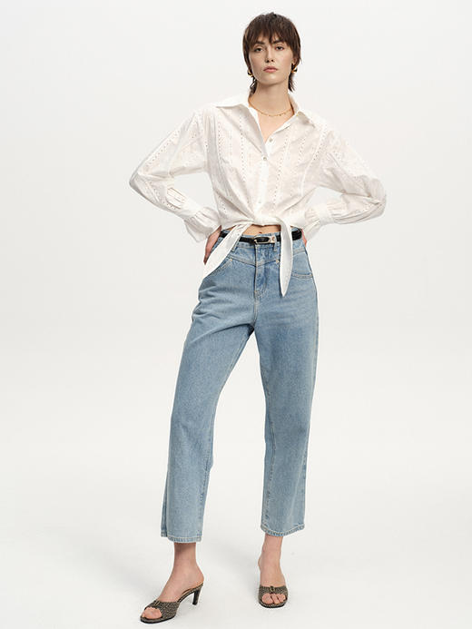 TR她热 晨间花园 白色棉感蕾丝刺绣压褶荷叶边复古度假宽松系带衬衫 商品图4