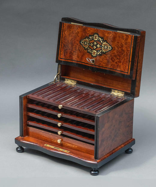 独角鹿西洋古董1850-1870年代法国拿破仑三世时期出品母贝金属贴片修饰精雕实木多层雪茄盒 商品图0