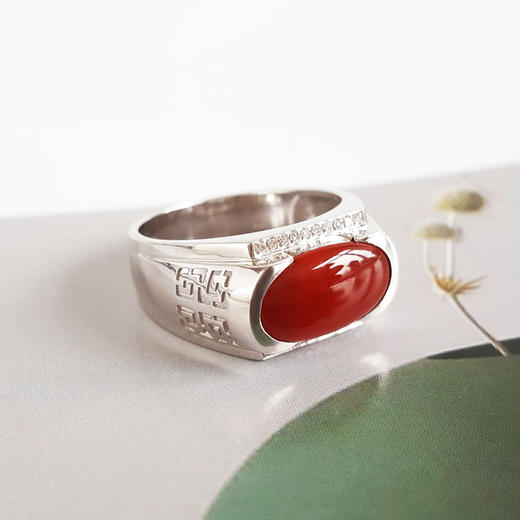 【天然正品】A货翡翠AU750白金镶钻镶天然细腻糯冰种蛋面红翡宽版翡翠戒指23号（戒圈可改）280226NJS34 商品图3