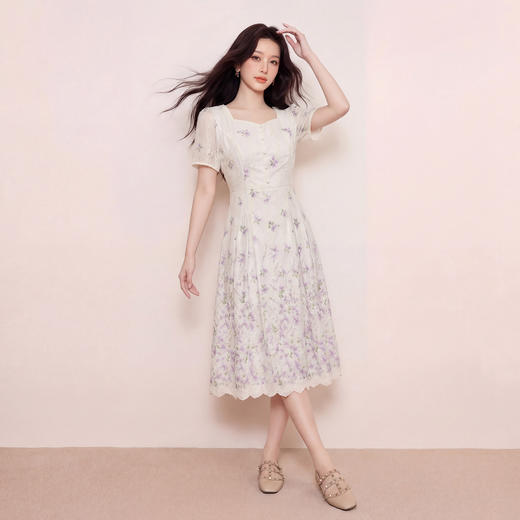 奢姿大码女装2026夏季胖妹妹轻奢优雅连衣裙气质碎花方领A字裙9962860085 商品图0