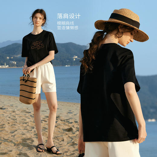 欧芮儿2026年新款夏季女黑色休闲小狗刺绣设计感圆领宽松短袖T恤 商品图2