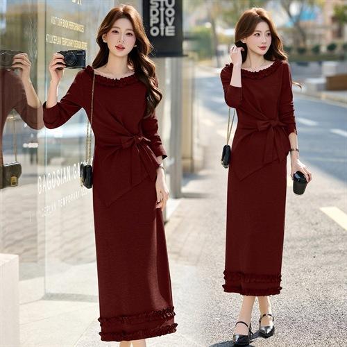 优雅风套装两件套洋气春季新女装不对称系带上衣木耳边拼接两件套HR-SNX3229 商品图0