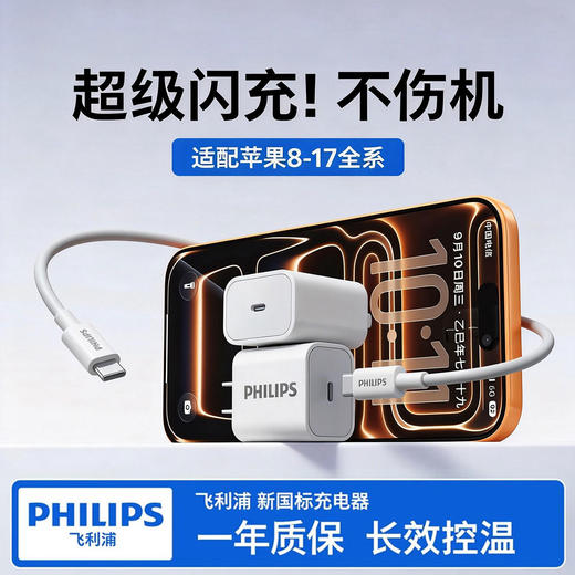 飞利浦PHILIPS充电头20W充电器适用苹果安卓充电头套装Type-C快充iPhone17ProMax/16/15/iPad平板小米华为手机快充配套线1.2米DLP3102 商品图1