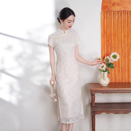 气质中长款蕾丝，双层白色订婚日常改良旗袍XL9153 商品图0