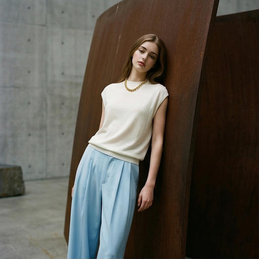 PALUOPO/PL春夏圆领舒适减龄针织短袖小个子百搭T恤女ES250953M 商品图1