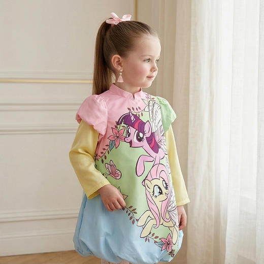 小马宝莉联名年衣童装拼色旗袍女孩春新款泡泡袖小马宝莉拼色旗袍N1261006D04 商品图3