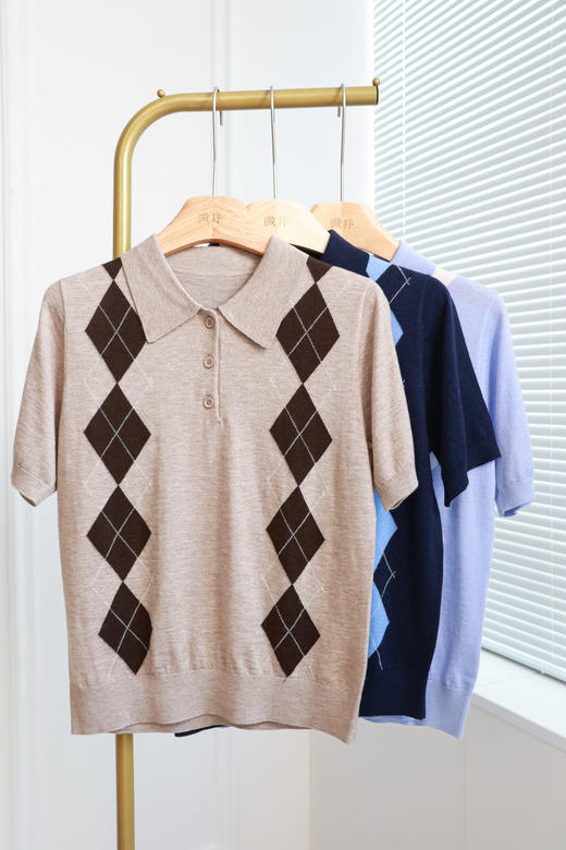 英伦概念|miu系菱格翻领短袖羊毛衫 商品图3