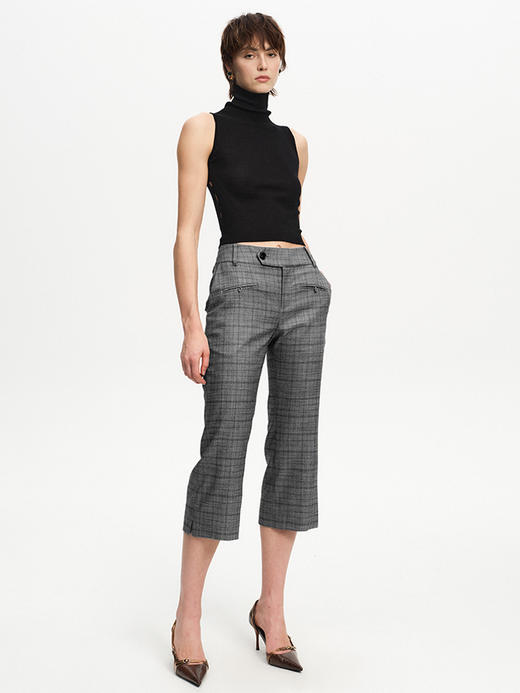 TR她热 柏林漫步 灰色格纹开衩复古通勤简约七分直筒微喇西装裤 商品图3