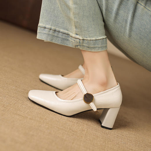 阿么手工女鞋简约通勤职业高跟鞋不累脚真皮方头一字带单鞋6.5CM 商品图2