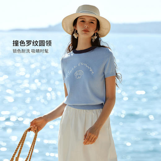 欧芮儿2026年新款夏季提花刺绣设计感灰色圆领休闲短袖毛针织衫女 商品图0