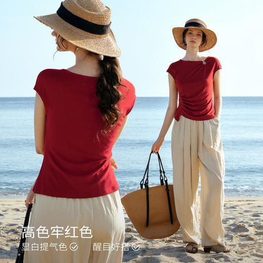 欧芮儿2026年新款夏别致时尚修身上衣收褶腰设计红色圆领短袖T恤 商品图2