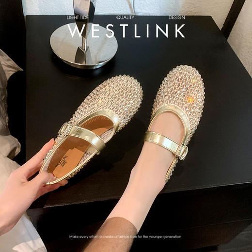 西遇平底玛丽珍鞋女2026春夏季新款透气水钻一字带不累脚浅口单鞋V0066323 商品图1