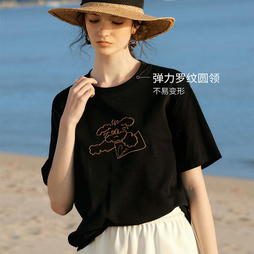 欧芮儿2026年新款夏季女黑色休闲小狗刺绣设计感圆领宽松短袖T恤 商品图1