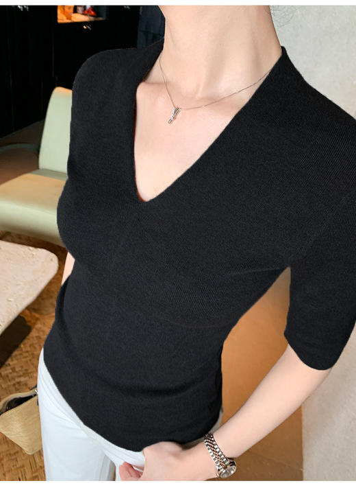 素颜美女公式中袖V领羊毛衫修身打底 商品图10