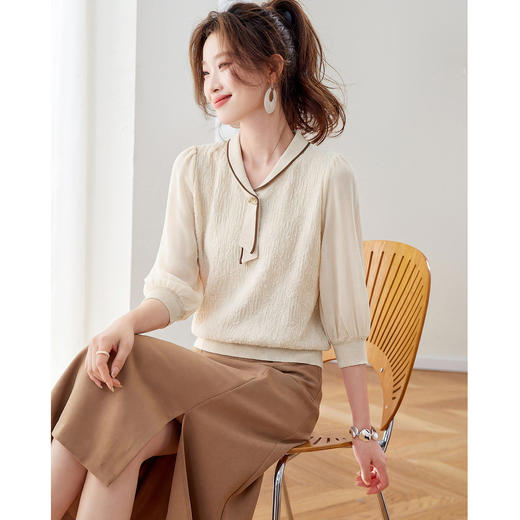 「自」全新升级【铂金会员192/天猫259/差价67】(02810)洛诗琳气质拼接五分袖上衣2026春季薄款淑女风系带针织T恤 商品图2