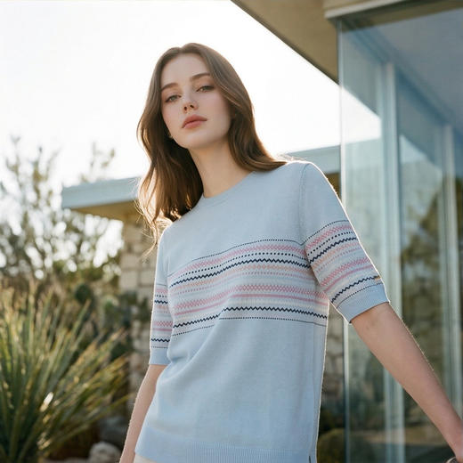 King Deer/鹿王撞色条肩扣针织T恤圆领显瘦舒适上衣早春L805045 商品图10