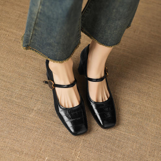 阿么手工女鞋简约通勤职业高跟鞋不累脚真皮方头一字带单鞋6.5CM 商品图3