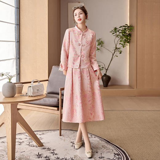 春季新款新中式设计感显瘦外套百褶裙两件套裙HR-LDB2608 商品图2