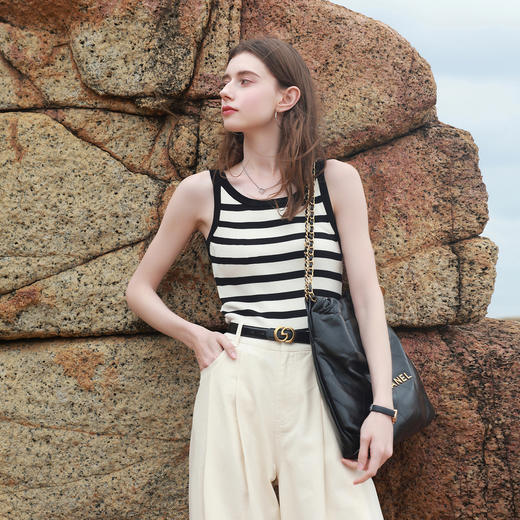 三彩2026夏季新款条纹背心吊带圆领无袖修身短款冰丝针织衫显瘦M 商品图2