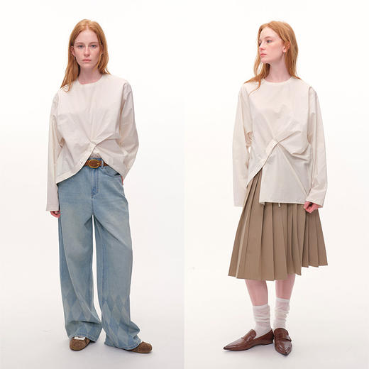 UMILAB｜错位时空*原创异形立体斜裁 100%精梳棉捏褶圆领条纹衬衫H1330V 商品图1