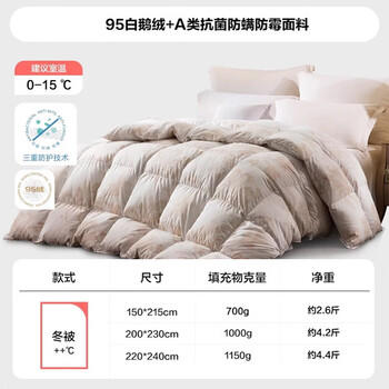 LOVO罗莱 A类 95%白鹅绒羽绒被 冬被 1000g填充200*230cm 花色 商品图2