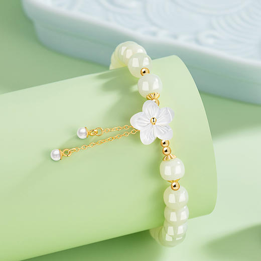桃花朵朵纯银925和田玉手串，新中式国潮贝壳花朵手饰ins珍珠手链CS0100 商品图3