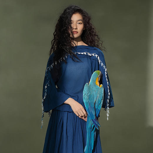 【林栖设计小店】植物染色|手工植物蓝婴儿棉渐变雨滴2026夏新款优雅衬衣1962043 商品图9