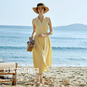 OLrain欧芮儿2026新款女夏季温柔黄色法式衬衫式V领花边袖连衣裙