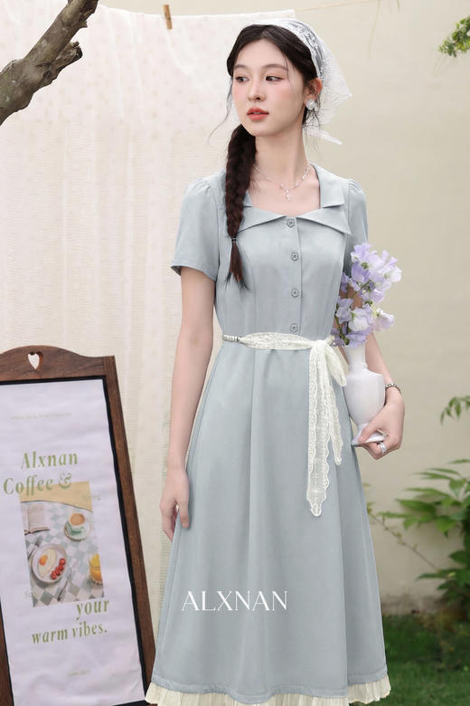 鹿向南「瓦尔登湖」法式初恋蓝色气质方领收腰显瘦连衣裙女春夏 商品图1