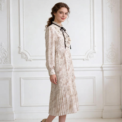 Famecoco范可儿温柔风气质复古荷叶边立领碎花雪纺连衣裙法式收腰长裙FAB1FA019 商品图4