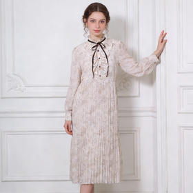 Famecoco范可儿温柔风气质复古荷叶边立领碎花雪纺连衣裙法式收腰长裙FAB1FA019