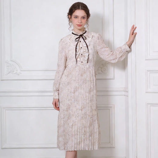 Famecoco范可儿温柔风气质复古荷叶边立领碎花雪纺连衣裙法式收腰长裙FAB1FA019 商品图0