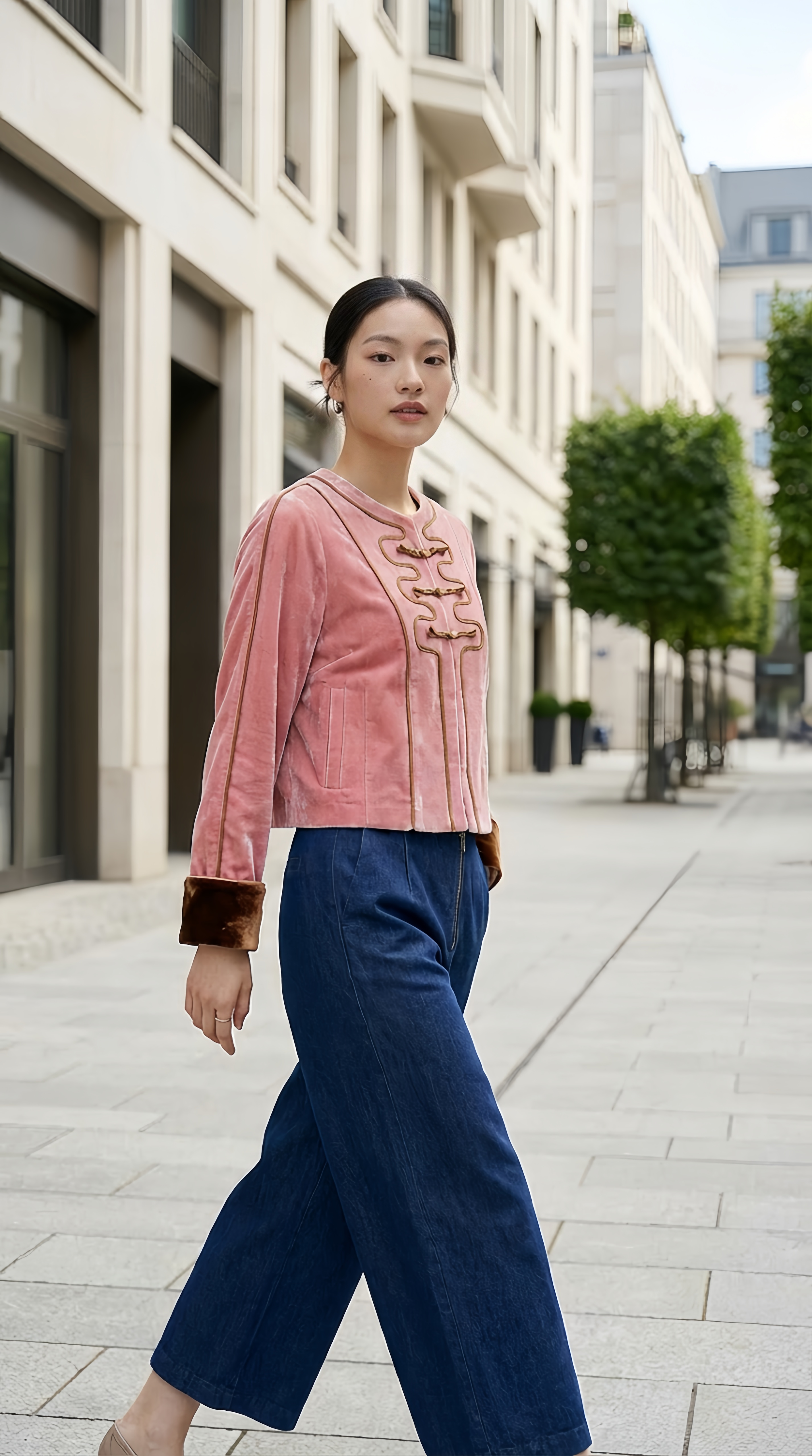 新中式时髦圆领撞色袖口盘扣外套