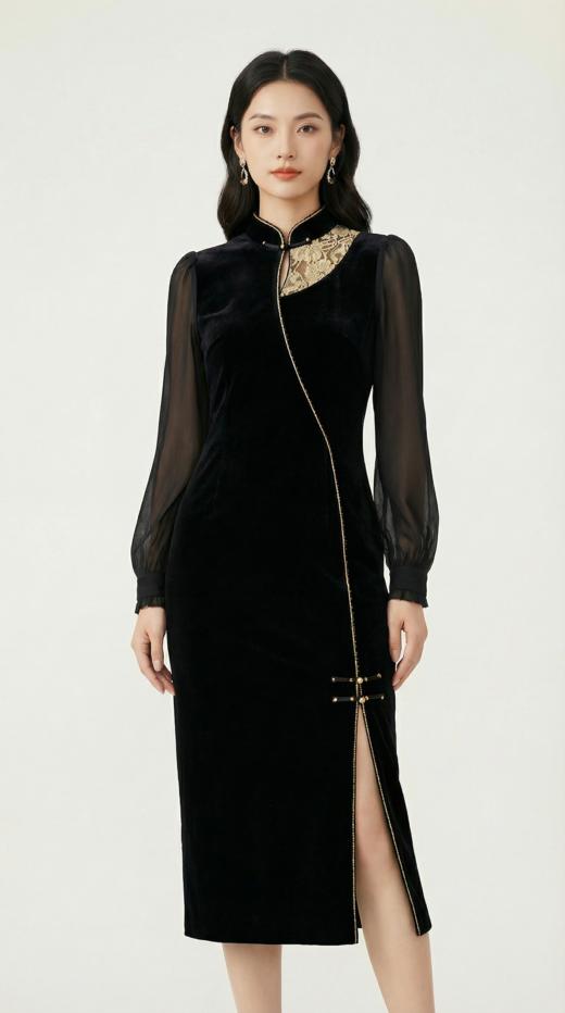 新中式拼蕾丝钉珠拼接改良旗袍 商品图4