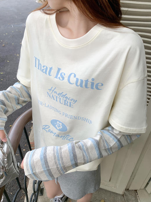 【129元任选2件】现货！韩系条纹假两件t恤长袖 商品图8