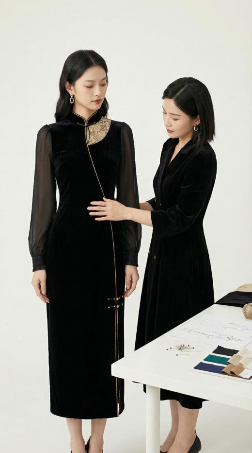 新中式拼蕾丝钉珠拼接改良旗袍 商品图5